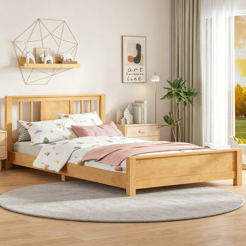 Cadre de lit simple en bois, lit plateforme en bois massif avec tête et pied de lit à lattes, lit robuste sans sommier, cadre de lit plateforme, cadre de lit simple en bois massif, cadre de lit simple pour chambre d'enfant, blanc et naturel