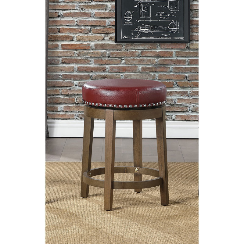 Tabouret rond pivotant à hauteur de comptoir 2, siège pivotant à 360 degrés en similicuir rouge, garniture cloutée, structure en bois massif, finition brune