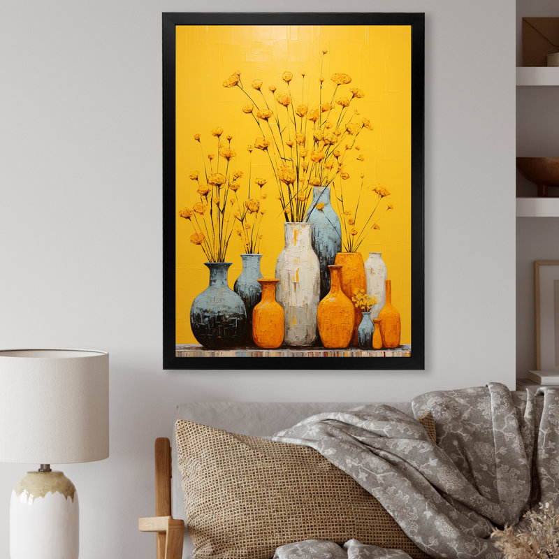 Minimalisme, poteries jaunes sur toile, Cadre simple noir, H 40 po x l 30 po x P 1,5 po