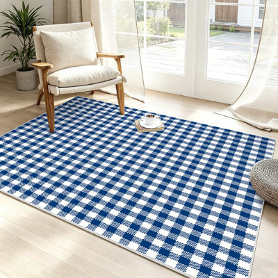 Blue Machine Washable,Seamless Navy Gingham Plaid Check Abstract Art Birthday Black Indoor Area Rug