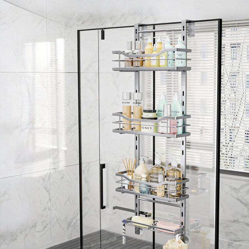 Serviteur de douche au-dessus de la porte, organisateur de suspension réglable avec porte-savon, 4 niveaux (argent), Argent