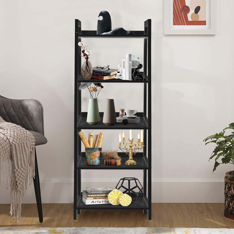 Wood Bookcase Ladder Bookshelf Shelving Unit, (5 Shelves) 51.6"H x 17"W x 13.5"D, Black