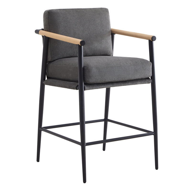 Gray Upholstered Counter Stools with Metal Frame and Wooden Armrests, Set of 2