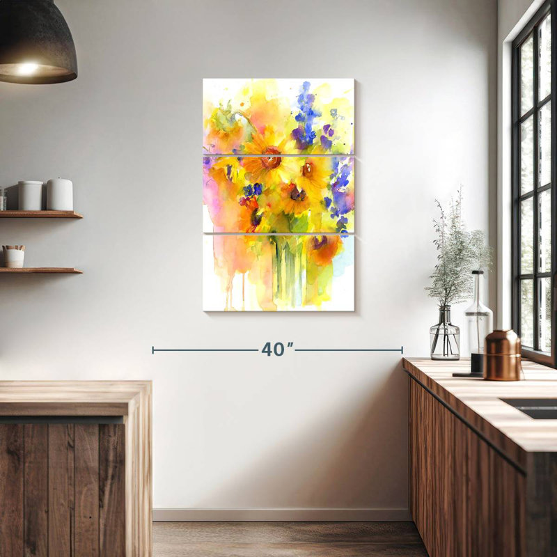 Harnek tournesols et delphinium, H 38 po x l 24 po