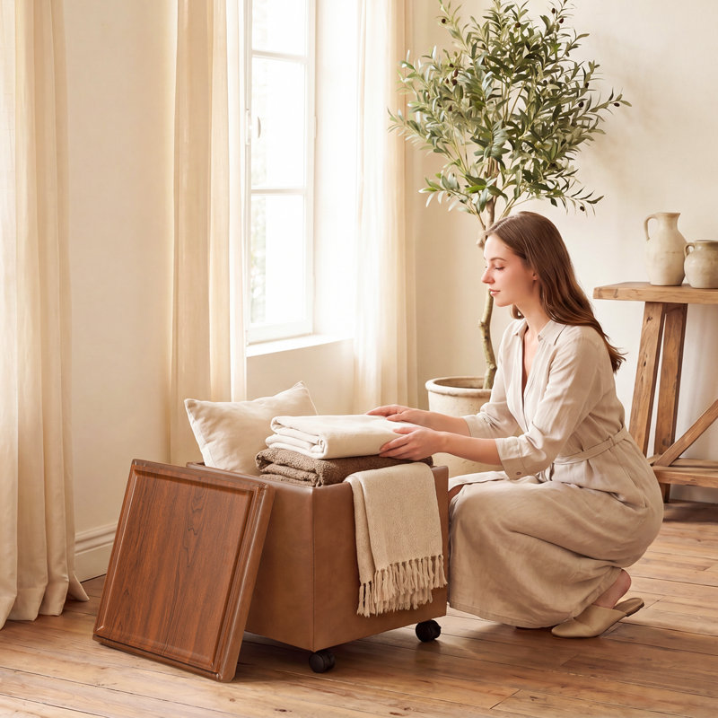 15.3" Square Faux Leather Storage Ottoman Bench with Casters, Brown