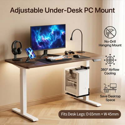 Adjustable Under Desk PC Stand, Rolling CPU Cart Compatible with 65×45mm Table Legs, Alloy Steel Computer Tower Holder