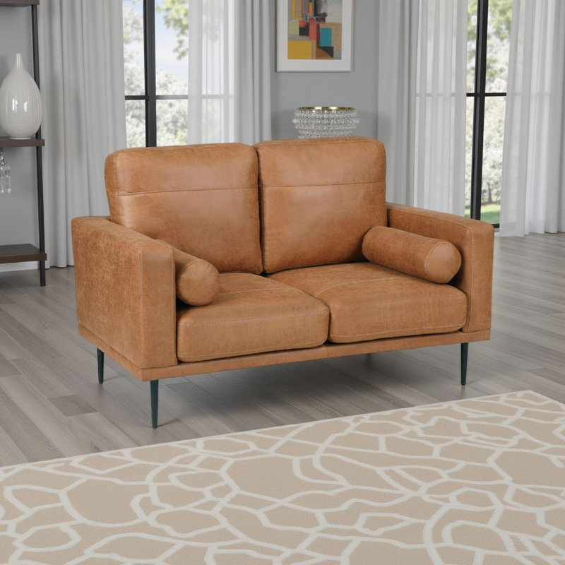 Ashanty 82" Modern & Contemporary Polished Microfiber Loveseat with Reversible Cushions, Included Bolster Pillows & Sleek Black Metal Legs
