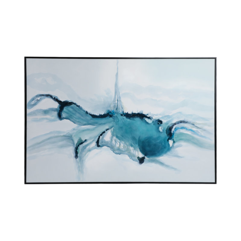 Large Blue and Green Abstract Canvas Painting with Black Frame
