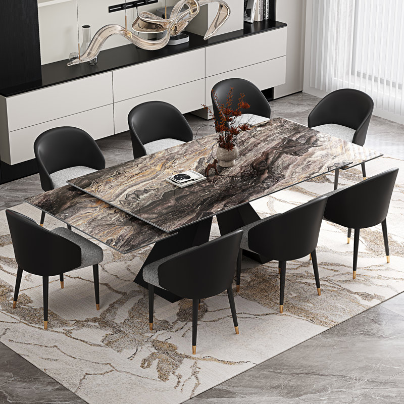 9-Piece Dining Set With 110.24'' Extendable Sintered Stone Table Top, 8 Upholstered Faux Leather Dining Chairs & Metal Base