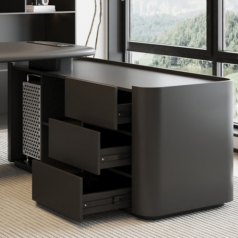 Bureau en bois manufacturé en L noir avec bureau à 3 tiroirs, H 29,53 po x l 86,61 po x P 51,18 po, Retour à droite