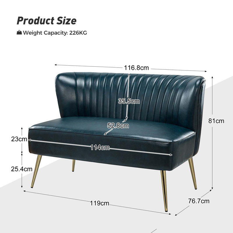 Aymeline 2 Seater Faux Leather Loveseat, Turquoise