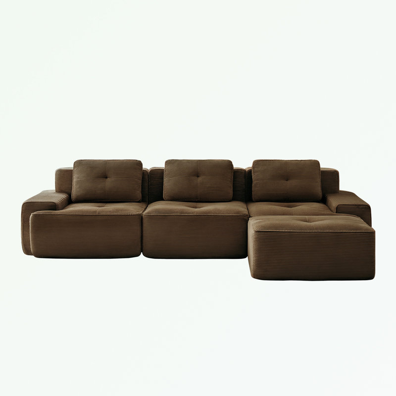 Canapé modulaire en L en velours côtelé avec siège profond et repose-pieds mobile, H 32,7 po x l 117,30 po x P 69,70 po