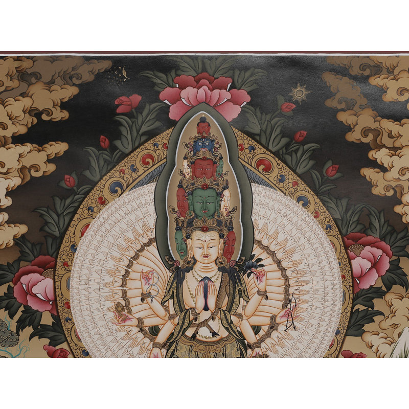 Art mural de la divinité Avalokiteshvara Thangka peinte à la main aux Mille bras 24 po x l 18 po avec détails or 24 carats