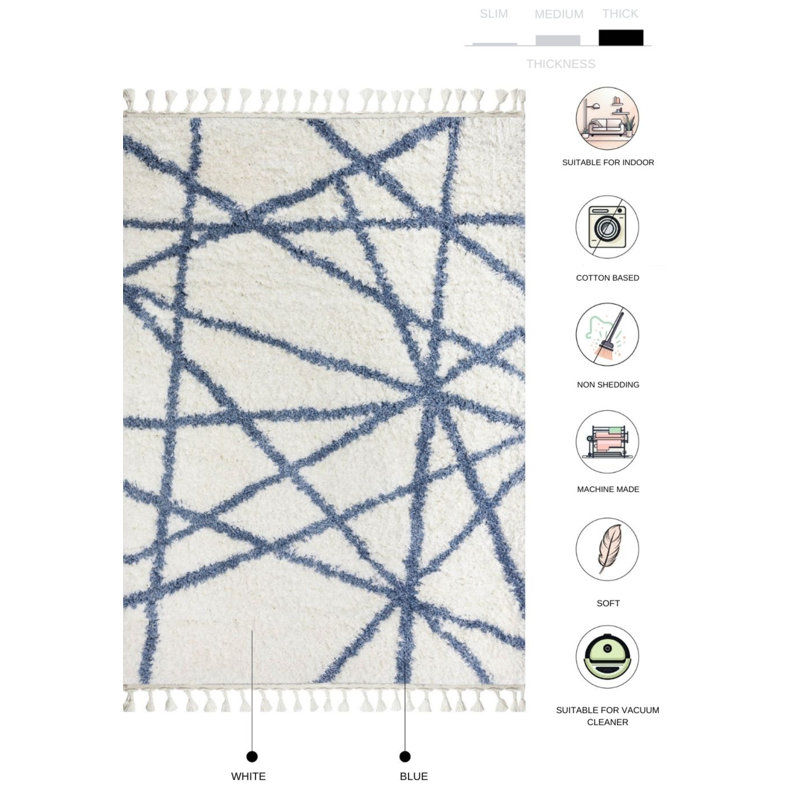 Tapis en polyester blanc à poils longs Accursia, Rectangle 4 pi x 5 pi 11 po