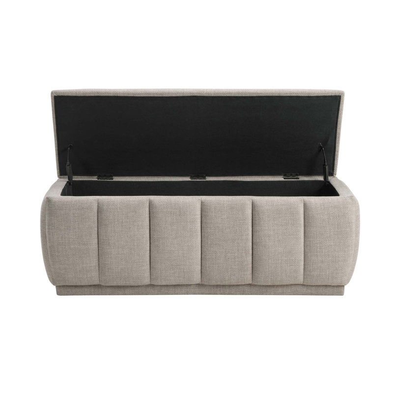 Banc de rangement moderne taupe avec assise coussinée, structure en contreplaqué et revêtement en tissu pour meubles de maison