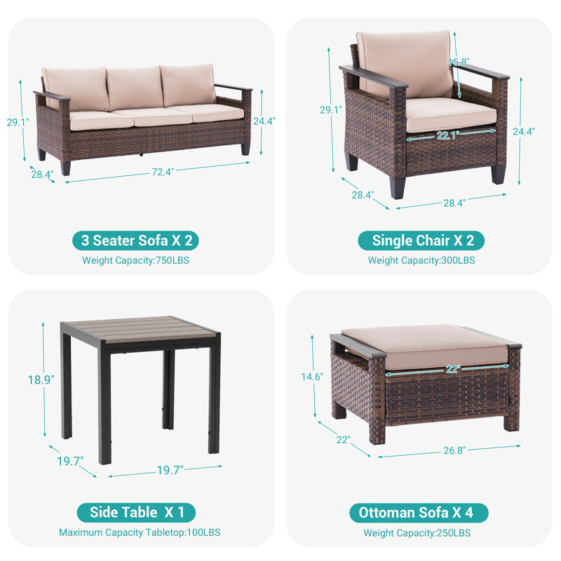 9 Piece Patio Conversation Sofa Set, All-Weather PE Rattan Conversation Couch, Sand