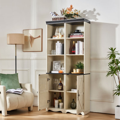 Grande armoire de rangement Farmhouse avec tablettes réglables, bibliothèque en bois aggloméré à finition grain de bois 3D, casiers de présentation ouverts et rangement de porte de grange fermée, bibliothèque librement combinable pour le bureau de la chambre à coucher