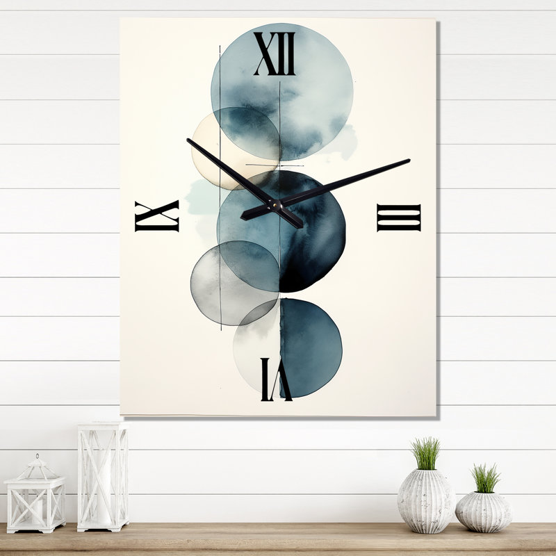 Circular Simplicity Watercolor In Retro Blue IV - Modern Geometric Wall Clock Oversized, 40" H x 30" W x 1" D