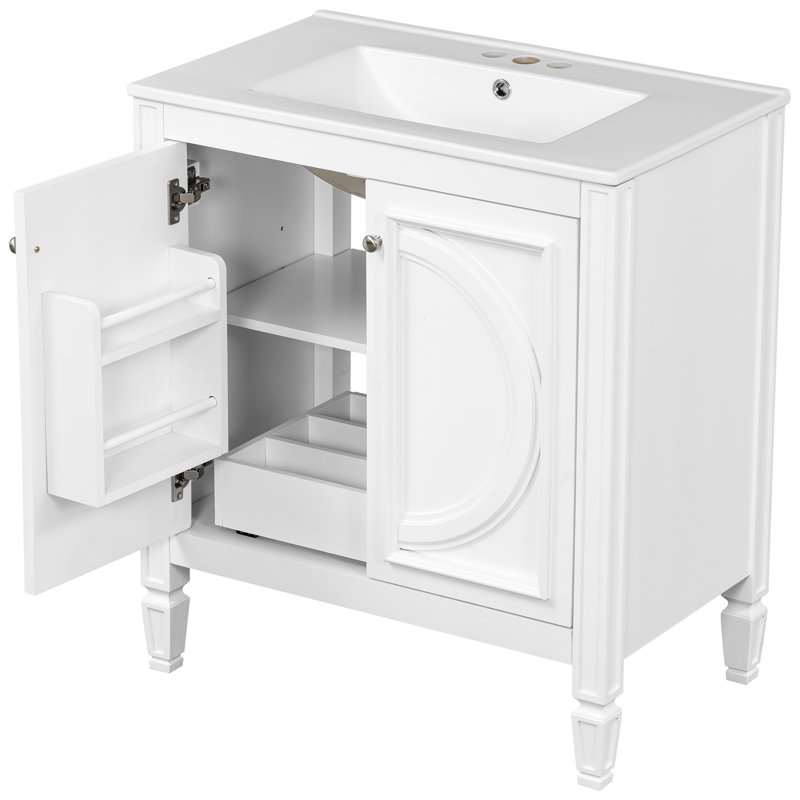 Meuble-lavabo blanc de 30 po avec lavabo, porte à fermeture en douceur de style rétro, rangement spacieux, lavabo en céramique, bois véritable et attrait, tiroir fonctionnel avec tablette, fabrication solide,
