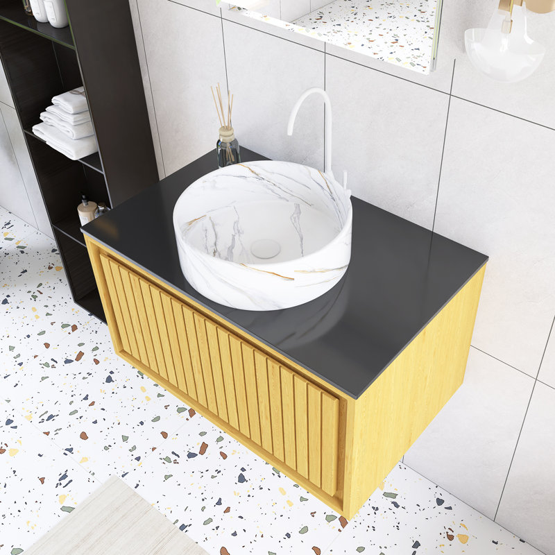 Meuble-lavabo mural simple 30 po avec comptoir en pierre frittée et lavabo en céramique