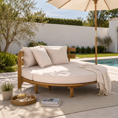Outdoor Round Acacia Wood Daybed with Curved Slatted Backrest, Foldable Cushion and 4 Pillows