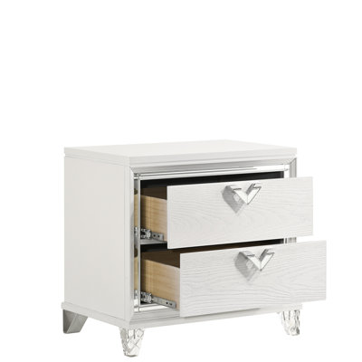 Bedroom Nightstand With 2 Drawers, Led & Distinctive V-Shape Handles In White - Modern 2 Glow And Design