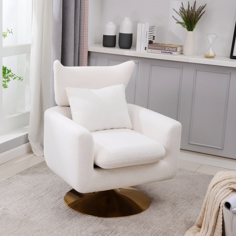 360-Degree Swivel Accent Chair with a Pillow, White Fabric
