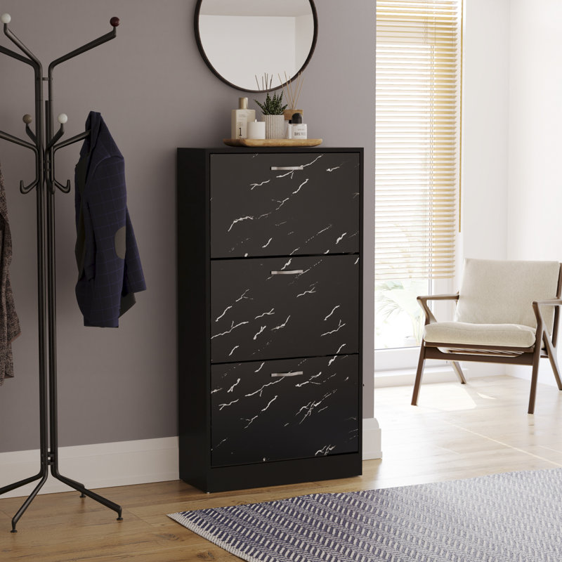 Drawer Flip Down Shoe Storage Free Standing Cabinet For Hallway, Black Marble, 118" H x 60" W x 24" D