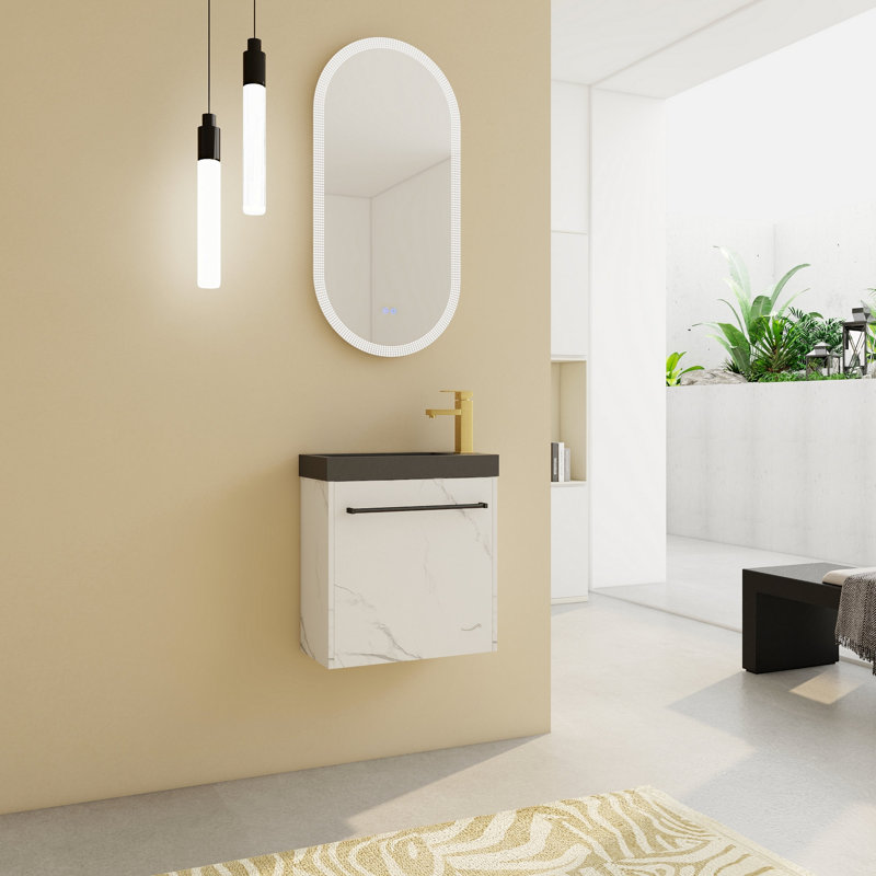Meuble-lavabo mural flottant de 20 po avec lavabo en résine et porte d'armoire à fermeture en douceur, Blanc/Noir