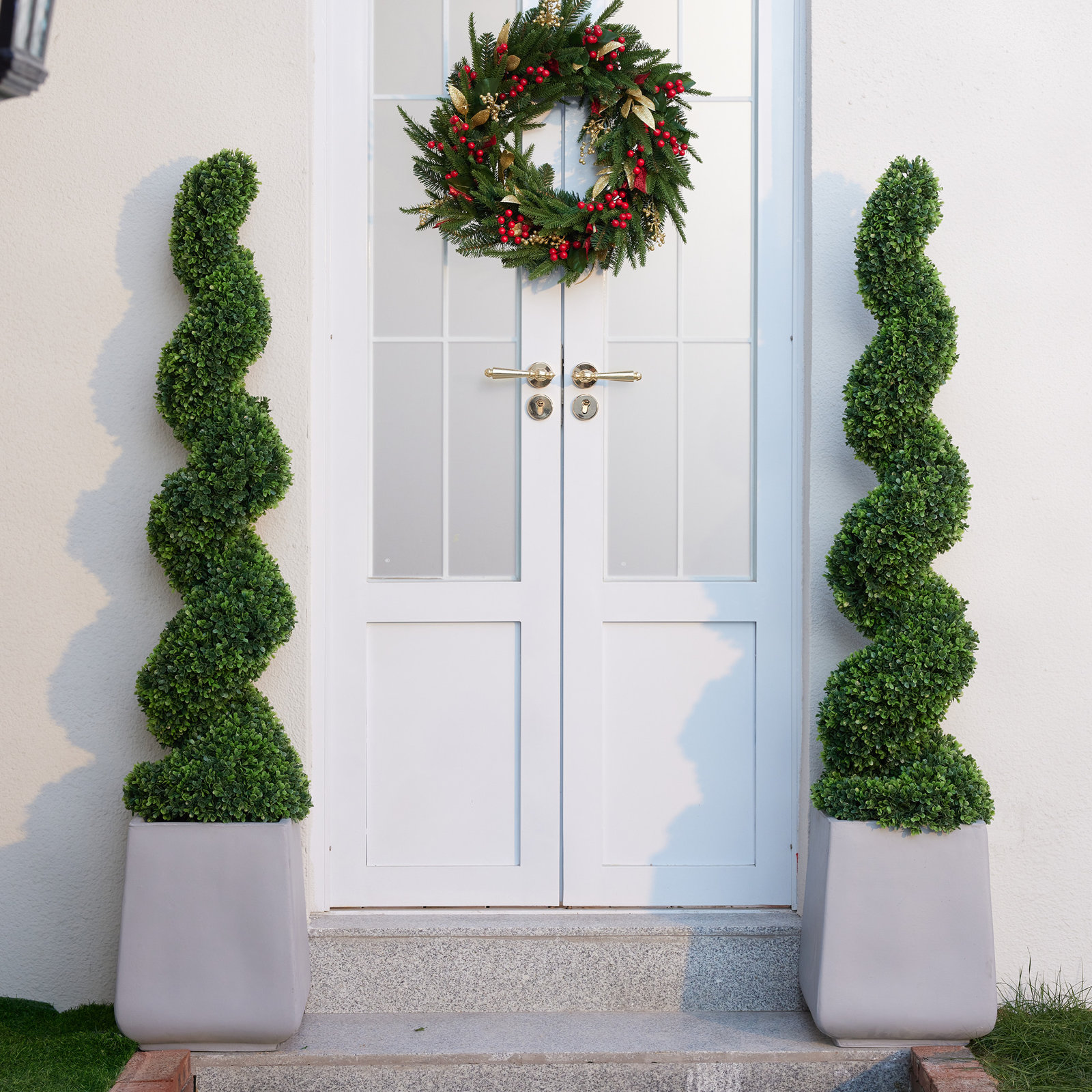 Ashwell Artificial Boxwood Spiral Topiary With Ground Stake - UV Resistant Faux Tree For Outdoor Porch, Garden & Planters (No Pot Required)