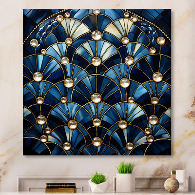 Art Deco Blue Golden Tile Elegance 1 II - Geometric Metal Wall Art