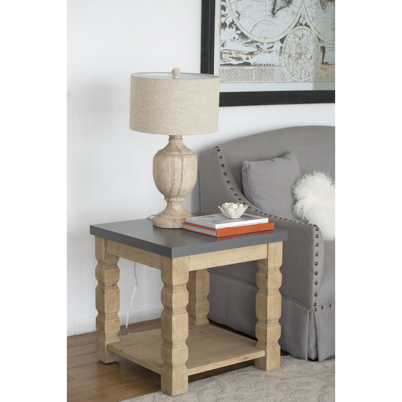 Square Side Table In Concrete And Wood Style, 23.8X23.8X24", Modern Home Accessory Rustic Contemporary Table, & Wooden, Stylish Addition