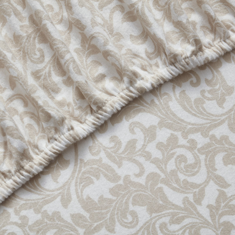 Scroll 4-Piece Triple Brushed Cotton Flannel Bed Sheet Set, Taupe, Queen Sheet Set with Fitted Sheet and Pillowcases