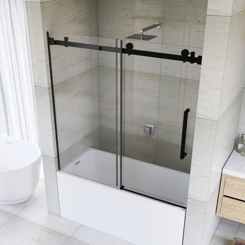 56-60 "W X 60" H Frameless Sliding Shower Door In Matte Black Finish, Matte Black