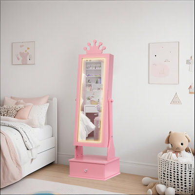 Armoire à bijoux pour enfants avec miroir DEL pleine longueur, meuble-lavabo autoportant avec tiroirs de rangement et organisateur de bijoux