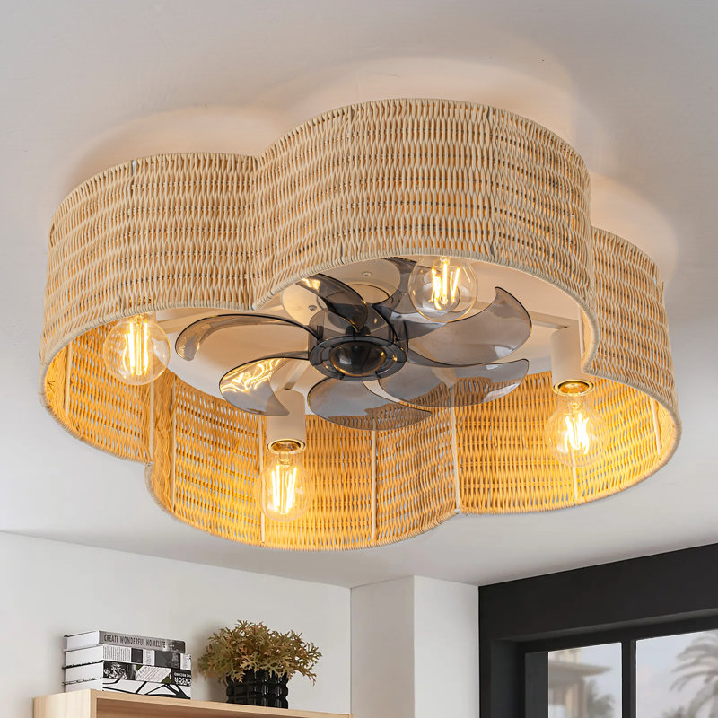 23.75in. White Finish Woven Flower Rattan Ceiling Fan With Remote Control