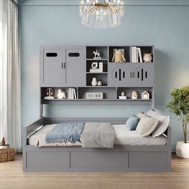 Lit de jour en bois avec lit hydraulique et armoire et tablettes tout-en-un, Double, Gris