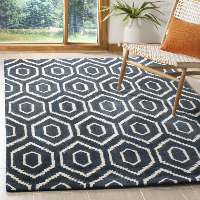 Tapis bleu marine / ivoire en laine touffeté à la main Forsberg, Rectangle 5 pi x 8 pi