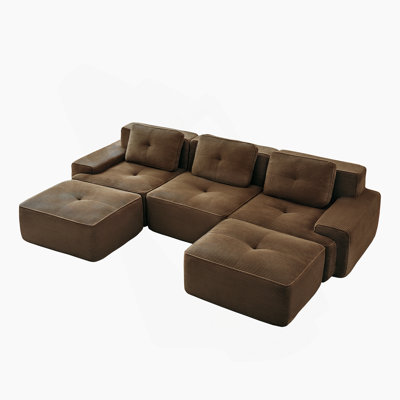 Canapé modulaire en forme de U de 117 pouces, tissu en velours côtelé, assise profonde, repose-pieds mobile, conception capitonnée, sans assemblage, base antidérapante, brun