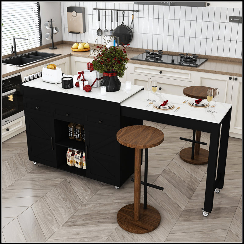 Îlot de cuisine polyvalent avec table de salle à manger extensible, plateau en placage de marbre et prise de courant intégrée pour les petites cuisines et les réceptions