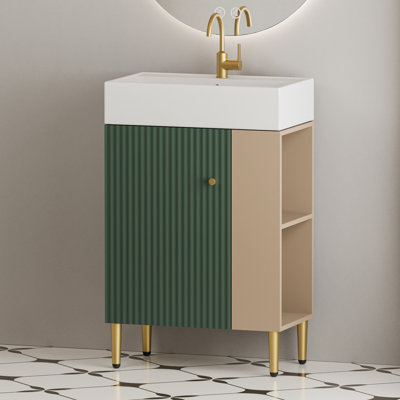 Meuble-lavabo à tablettes ouvertes avec lavabo et porte en céramique, armoire de rangement à tablette ouverte, meuble-lavabo de salle de bain
