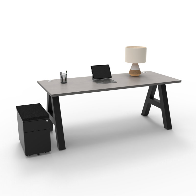 Serenity Modern A-Frame Executive Writing Office Desk, with Cushion Top Mobile Storage, 66x30, Grey Strand Top, Gray Strand