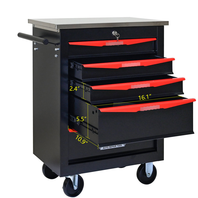 Chariot 4 outils 5 "pour atelier - Rangement verrouillable noir et rouge 4 roues universelles en métal, Noir / Rouge