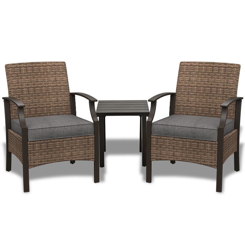 Emmerlyn 2 - Person Patio Conversation Set with Cushions, Brown Frame/Dark Gray Cushion