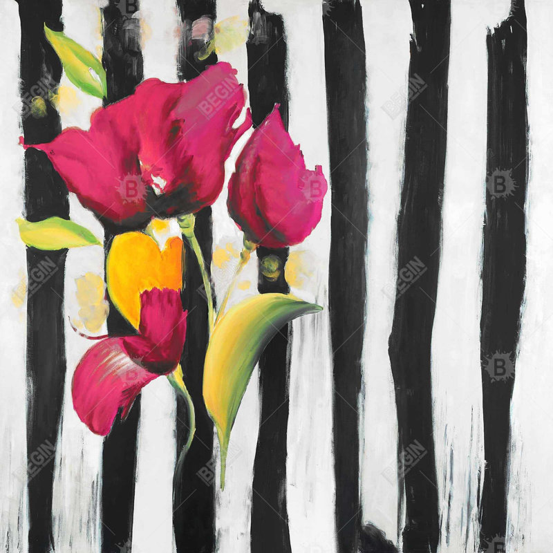Fleurs roses sur toile à rayures noires | Décoration de chambre à coucher botanique, H 25,25 po x l 25,25 po