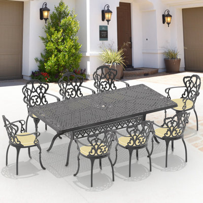 Ensemble 9 pièces de mobilier de patio en aluminium coulé avec coussins de siège