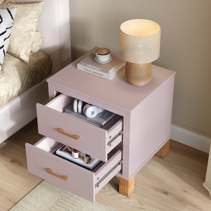 Table de chevet 2 tiroirs, rangement en bois de qualité supérieure avec design cannelé élégant, Pink