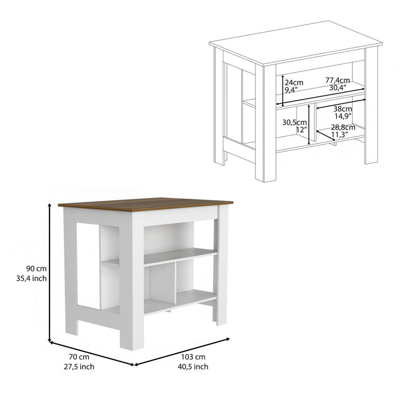 Îlot de cuisine, table de cuisine H 35 po, quatre pieds, trois tablettes de rangement ouvertes, Blanc / Brun foncé