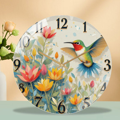 Horloge murale colibri coloré avec art floral - horloge murale moderne en verre 12 po