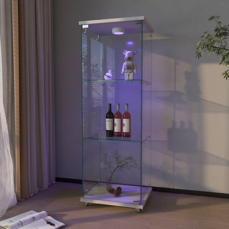 Modern Glass Display Cabinet With LED Lights, Quick-Assembly Antique Cabinet, Tempered Glass Bookshelf, Suitable For Living Room And Bedrooms, 1-Door 3-Shelf